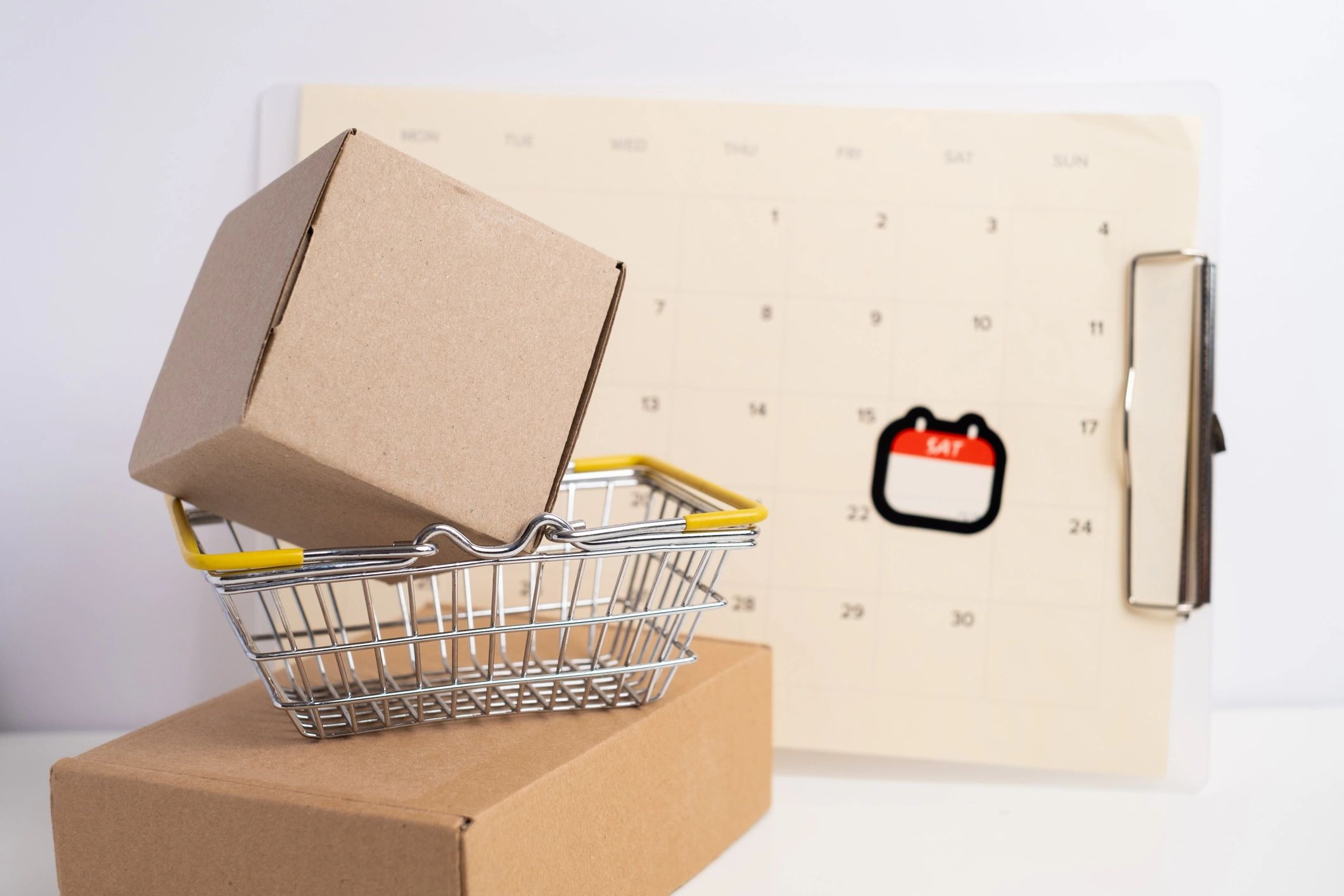 Online shopping boxes and calendar illustrating returns timing
